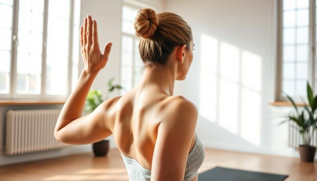 A serene studio setting with an individual performing gentle, targeted stretches and techniques to alleviate muscle tension and stiffness. Soft, diffused lighting from large windows casts a calming ambiance, while the composition focuses on the person's upper body, showcasing the intentional movements and poses to relieve strain in the neck, shoulders, and back areas. The scene exudes an atmosphere of therapeutic tranquility, guiding the viewer towards effective self-care practices for muscle recovery.