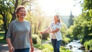 A serene, sun-dappled scene of a patient's neurological recovery journey. In the foreground, a person standing tall, confidently walking with the aid of a cane, their face radiating joy and determination. In the middle ground, a therapist gently guiding and supporting the patient's movements, their expressions conveying warmth and encouragement. In the background, a lush, verdant landscape with towering trees and a tranquil stream, symbolizing the patient's path to renewed vitality. The lighting is soft and natural, casting a gentle glow over the scene. The overall mood is one of hope, progress, and the triumph of the human spirit.