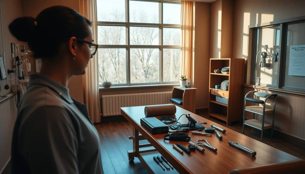 A serene treatment room in a rehabilitation center, bathed in warm, natural light filtering through large windows. On the wooden table, a variety of specialized equipment and tools, meticulously arranged to aid in the personalized recovery process. The room exudes a sense of care and attention to detail, with soothing earth-toned accents and discreet signage guiding patients towards their tailored therapy sessions. In the foreground, a therapist, their face obscured, thoughtfully examines a client's progress, their compassionate presence radiating a spirit of healing and empowerment.