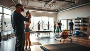 A serene, well-equipped sports therapy clinic, bathed in warm, natural lighting from large windows. In the foreground, a physiotherapist assesses a patient's posture and movement, utilizing advanced diagnostic tools. The middle ground showcases various rehabilitation equipment, including resistance bands, exercise balls, and massage tables. In the background, a team of therapists and trainers collaborate, developing personalized preventative care plans. The overall atmosphere conveys a sense of expertise, care, and a proactive approach to maintaining peak athletic performance and injury prevention.