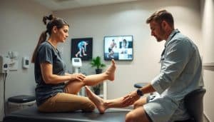 A serene, well-lit clinical setting with a medical professional conducting a thorough sports injury assessment. In the foreground, a patient sits on an examination table, their injured limb being carefully evaluated. The middle ground features various medical equipment and a wall-mounted display showcasing injury-related imagery. The background depicts a calming, professional atmosphere with neutral-toned walls and minimalist decor, conveying a sense of expertise and care. Soft, directional lighting illuminates the scene, creating a sense of focus and attention to detail. The overall mood is one of trust, competence, and a collaborative approach to sports injury evaluation.