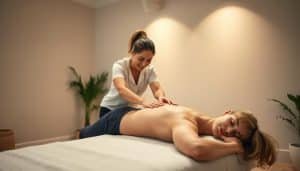 A serene, well-lit studio setting showcasing a massage therapist performing various manual therapy techniques on a patient. The therapist's skilled hands gently manipulate the patient's muscles, joints, and soft tissues, using a combination of massage, stretching, and mobilization techniques. The patient's expression conveys a sense of relaxation and relief. The background features soothing neutral tones, with a touch of natural foliage to create a calming, spa-like atmosphere. The camera angle captures the scene from a slightly elevated perspective, highlighting the therapist's expertise and the patient's comfort. Subtle lighting from overhead and side-mounted sources casts a warm, therapeutic glow across the scene.