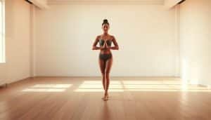 A serene, well-lit studio with an elegant, minimalist aesthetic. A person stands in the center, their body in perfect postural alignment, radiating core strength and balance. Soft, warm lighting casts gentle shadows, highlighting the graceful lines of their pose. The background is a clean, neutral palette, allowing the subject to be the focal point. The camera captures the scene from a slightly elevated angle, emphasizing the subject's poise and control. An atmosphere of tranquility and focused intentionality pervades the image, inviting the viewer to connect with the essence of integrated health and movement.