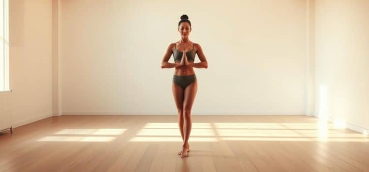 A serene, well-lit studio with an elegant, minimalist aesthetic. A person stands in the center, their body in perfect postural alignment, radiating core strength and balance. Soft, warm lighting casts gentle shadows, highlighting the graceful lines of their pose. The background is a clean, neutral palette, allowing the subject to be the focal point. The camera captures the scene from a slightly elevated angle, emphasizing the subject's poise and control. An atmosphere of tranquility and focused intentionality pervades the image, inviting the viewer to connect with the essence of integrated health and movement.