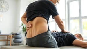 A skilled physiotherapist performing advanced manual therapy techniques on a patient's lower back, using a combination of deep tissue massage, joint mobilization, and myofascial release. The scene is set in a clean, modern physiotherapy clinic, with natural lighting flooding the room through large windows. The physiotherapist's movements are precise and focused, their hands expertly navigating the patient's muscles and connective tissues. The patient's expression conveys a sense of relief and relaxation as the treatment progresses. The overall atmosphere is one of professionalism, care, and expertise.