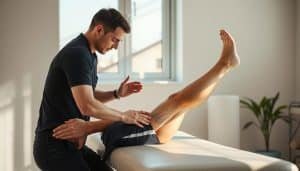 A skilled physiotherapist performs precise manual therapy techniques on an athlete's injured limb, using gentle kneading and deep tissue manipulation to alleviate pain and promote healing. The scene is captured in a crisp, clinical setting with bright, natural lighting from a large window, casting warm shadows and highlighting the therapist's focused movements. The athlete lies on a padded treatment table, their expression relaxed as they trust the practitioner's expertise. The overall atmosphere conveys a sense of care, professionalism, and a commitment to comprehensive injury management.