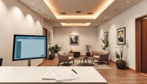 A sleek, modern office interior with minimalist decor and soothing neutral tones. In the foreground, a receptionist's desk with a digital appointment scheduling system displayed on a large touchscreen monitor. On the desk, a stack of patient intake forms and a pen resting next to them. In the middle ground, comfortable armchairs and a coffee table, creating an inviting waiting area. Tasteful wall art and potted plants accent the space, conveying a sense of professionalism and wellness. Indirect lighting from recessed ceiling fixtures casts a warm, calming glow throughout the room. The overall atmosphere evokes a serene, welcoming environment for sports therapy patients.