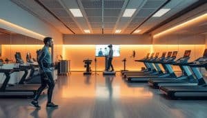 A sleek, modern rehabilitation center filled with cutting-edge technologies. In the foreground, a patient undergoes advanced exoskeleton-assisted gait training, their movements seamlessly guided by intricate robotic limbs. In the middle ground, a virtual reality station immerses another patient in a dynamic, immersive therapy session, their body movements precisely tracked and analyzed. The background showcases a range of state-of-the-art rehabilitation devices, from sophisticated treadmills to computerized balance platforms, all bathed in warm, diffused lighting that creates a calming, futuristic atmosphere. The scene conveys a sense of innovation, empowerment, and the boundless potential of modern rehabilitation techniques.