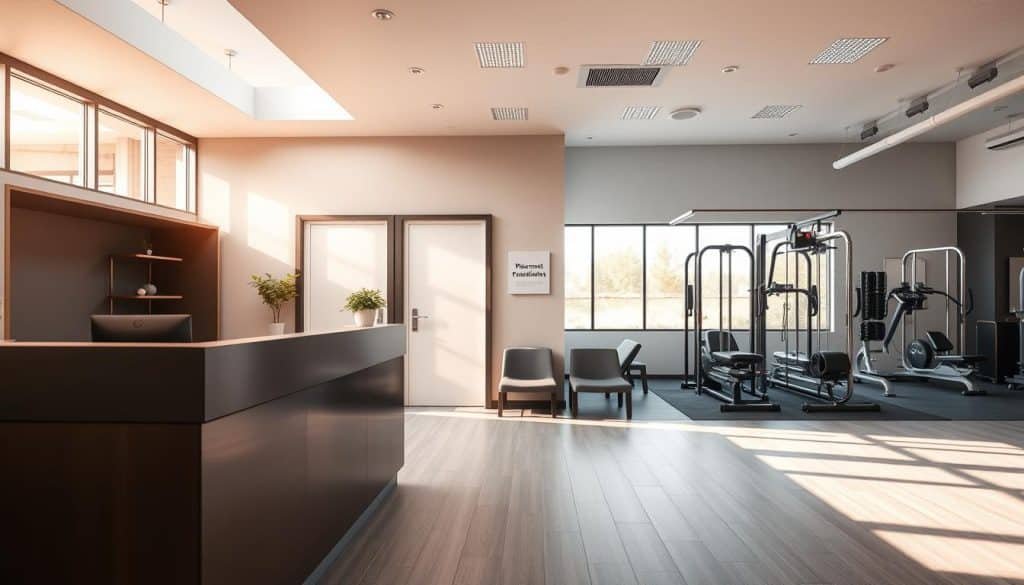A sleek, modern sports therapy clinic interior with a welcoming reception desk in the foreground. Warm, natural lighting filters in through large windows, casting a soft glow on the minimalist, ergonomic furniture and minimalist decor. The middle ground features several private consultation rooms with discreet signage, hinting at the personalized care offered. In the background, a state-of-the-art rehabilitation gym equipped with the latest therapy equipment, where patients undergo their tailored recovery programs. The overall atmosphere conveys professionalism, comfort and a focus on the patient's well-being.
