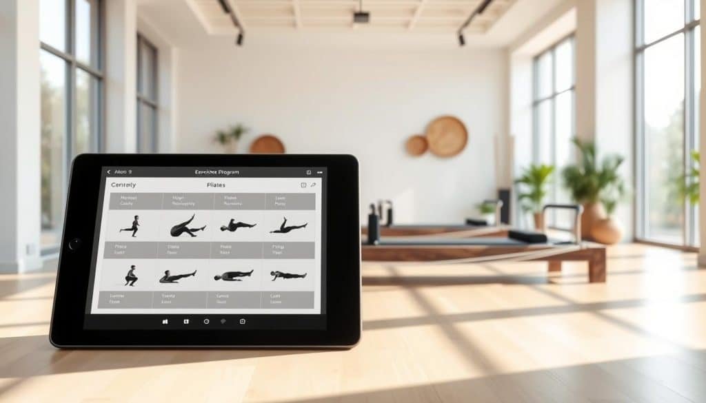 A sleek, modern studio with floor-to-ceiling windows, bathed in soft, natural lighting. In the foreground, a personalized exercise program displayed on a large, high-resolution tablet, showcasing a tailored regimen of Pilates and physiotherapy exercises. The middle ground features a stylish Pilates reformer and other specialized equipment, arranged in a harmonious layout. In the background, subtle wall decor and greenery accentuate the serene, rejuvenating atmosphere, perfectly suited for a personalized rehabilitation journey.