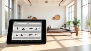 A sleek, modern studio with floor-to-ceiling windows, bathed in soft, natural lighting. In the foreground, a personalized exercise program displayed on a large, high-resolution tablet, showcasing a tailored regimen of Pilates and physiotherapy exercises. The middle ground features a stylish Pilates reformer and other specialized equipment, arranged in a harmonious layout. In the background, subtle wall decor and greenery accentuate the serene, rejuvenating atmosphere, perfectly suited for a personalized rehabilitation journey.