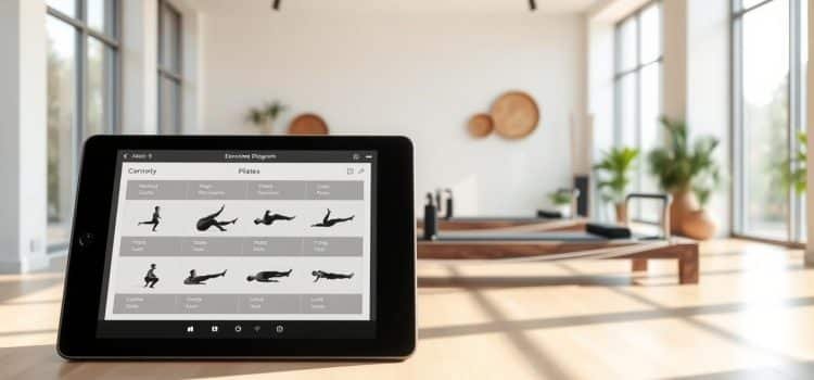 A sleek, modern studio with floor-to-ceiling windows, bathed in soft, natural lighting. In the foreground, a personalized exercise program displayed on a large, high-resolution tablet, showcasing a tailored regimen of Pilates and physiotherapy exercises. The middle ground features a stylish Pilates reformer and other specialized equipment, arranged in a harmonious layout. In the background, subtle wall decor and greenery accentuate the serene, rejuvenating atmosphere, perfectly suited for a personalized rehabilitation journey.