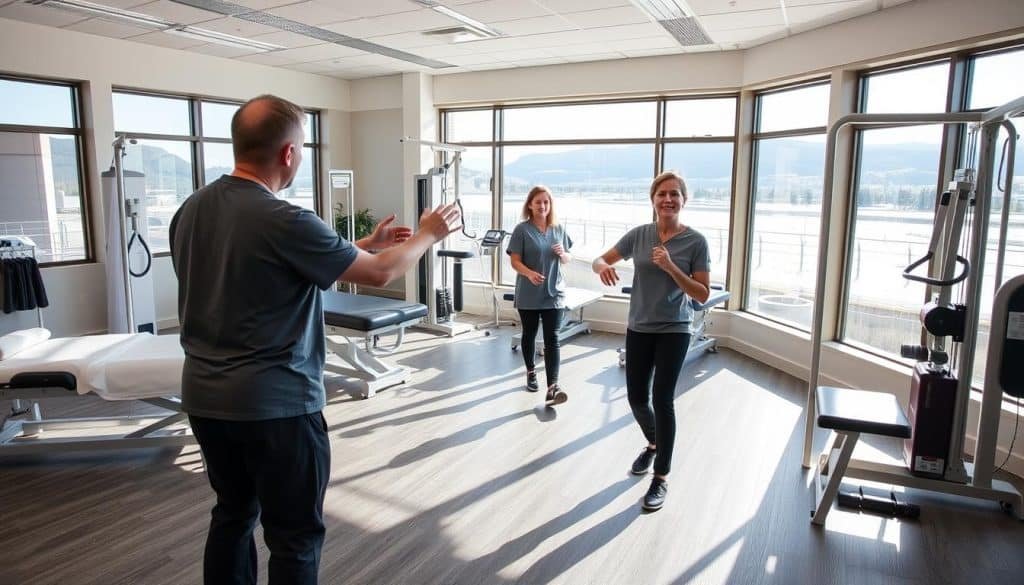 A spacious, well-equipped physiotherapy clinic in Calgary, with modern rehabilitation equipment and knowledgeable staff. In the foreground, a patient is being guided through a customized exercise program by a physiotherapist, their movements captured in a crisp, natural lighting. The middle ground showcases various treatment modalities, such as massage tables and exercise machines, while the background features large windows overlooking the scenic Bow River. The overall atmosphere conveys a sense of professionalism, care, and a personalized approach to injury rehabilitation.