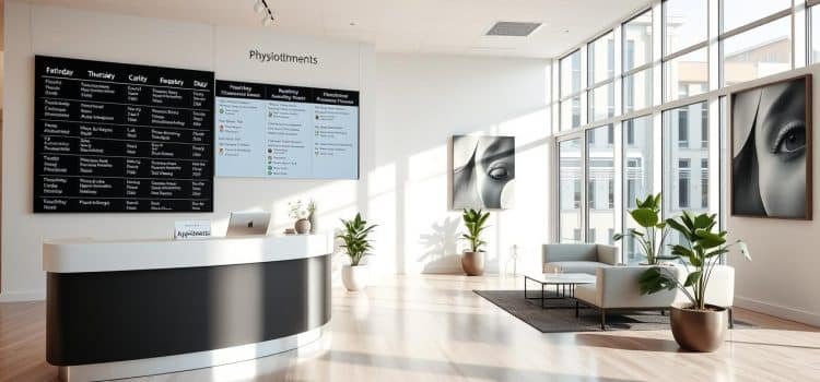 A spacious, well-lit office lobby with a modern, clean aesthetic. In the foreground, a sleek and minimalist reception desk with a discreet "Appointments" sign. Behind the desk, a large digital display board showcases the daily schedule, neatly organized with patient names, appointment times, and therapist information. The middle ground features comfortable seating arrangements, with potted plants and abstract artwork adding a touch of sophistication. The background reveals floor-to-ceiling windows, allowing natural light to flood the space and creating a warm, welcoming atmosphere. The overall scene conveys a sense of efficiency, professionalism, and attention to detail, perfectly suited for a physiotherapy clinic.
