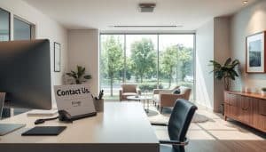 A spacious, well-lit office space with a warm, inviting atmosphere. In the foreground, a modern, minimalist desk with a computer, phone, and various stationery items. On the desk, a prominent "Contact Us" sign stands out. Behind the desk, a large window offers a picturesque view of a serene, tree-lined street. The middle ground features a comfortable seating area with plush chairs and a low table, creating a cozy space for consultations. The background showcases a clean, neutral-toned wall with a simple, yet elegant framed artwork. Soft, directional lighting illuminates the scene, casting a gentle glow and creating a professional, yet approachable ambiance.