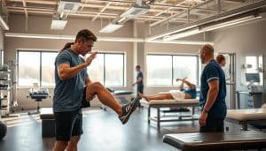 A sports medicine clinic, bathed in warm, natural lighting. In the foreground, a physiotherapist guides a patient through a series of targeted exercises, demonstrating techniques to rehabilitate a knee injury. In the middle ground, other patients receive various treatments, from massage therapy to ultrasound. The background features state-of-the-art equipment and a soothing, calming atmosphere, conveying the expertise and care of the Riverside Sports Therapy team.