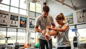 A sports medicine clinic, well-lit with natural light streaming through large windows. In the foreground, a physiotherapist carefully assesses a patient's ankle, using a goniometer to measure range of motion. Posters depicting various rehabilitation techniques and exercises adorn the walls, creating an educational and professional atmosphere. The middle ground showcases various rehabilitation equipment, including exercise balls, resistance bands, and a therapeutic ultrasound machine. In the background, a tranquil outdoor scene is visible through the windows, reflecting the holistic approach to patient care. The overall mood is one of expertise, care, and a commitment to helping athletes and active individuals recover and thrive.