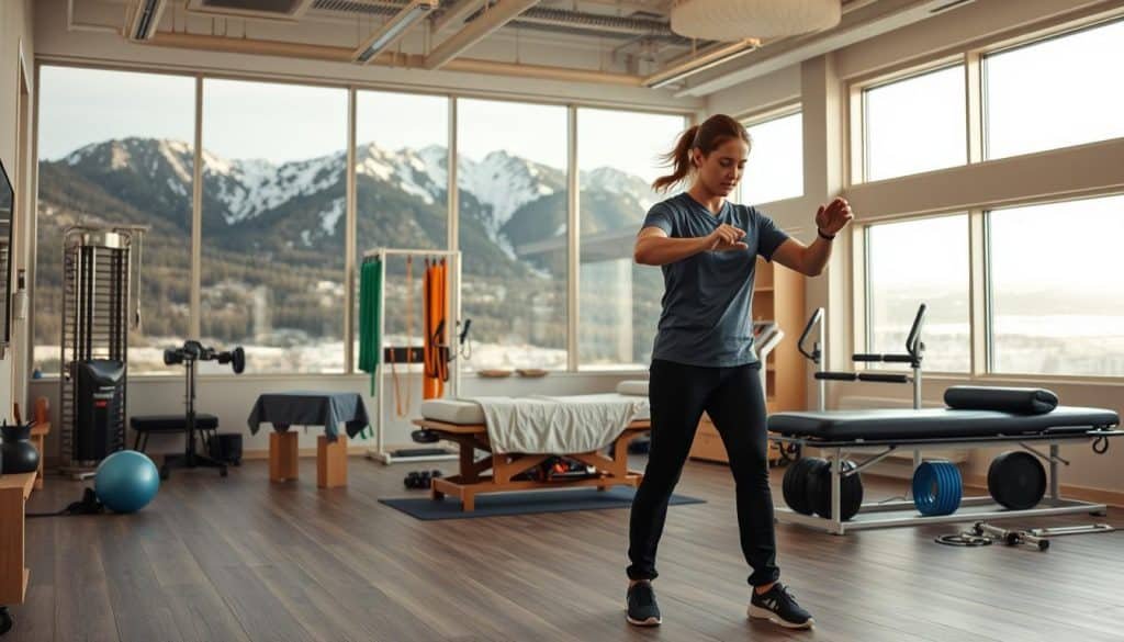 A sports physiotherapy clinic in Calgary, nestled against a backdrop of the majestic Rocky Mountains. In the foreground, a physiotherapist guides a patient through a series of targeted exercises, their movements fluid and intentional. The middle ground features an array of state-of-the-art equipment, from massage tables to resistance bands, all designed to support the patient's recovery and prevention of future injuries. The background showcases the clinic's inviting and calming atmosphere, with natural light streaming in through large windows and soothing earthy tones throughout. The scene conveys a sense of professionalism, expertise, and a commitment to holistic, preventative care.