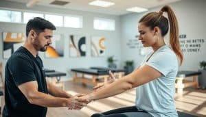 A sports physiotherapy clinic in Calgary, with a bright, airy interior. In the foreground, a physiotherapist gently guiding a patient through a series of therapeutic exercises, their faces focused and determined. In the middle ground, treatment tables and equipment, with soothing neutral tones and natural light filtering in through large windows. The background features abstract artworks and motivational quotes on the walls, creating a calming, professional atmosphere. The lighting is soft and diffused, highlighting the care and attention given to each patient's recovery. The scene conveys a sense of expertise, empathy, and a commitment to helping athletes return to peak performance.
