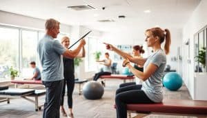 A sports therapy clinic interior, well-lit with natural lighting from large windows. In the foreground, a physiotherapist guides a patient through various rehabilitation exercises, such as resistance band training, balance exercises, and targeted muscle stretches. The middle ground features other patients undergoing personalized treatment plans, with a variety of equipment like exercise balls, foam rollers, and massage tables. The background showcases the clinic's modern, welcoming decor, creating a calming, professional atmosphere conducive to healing and recovery. The scene conveys an atmosphere of expertise, care, and a collaborative approach to comprehensive injury treatment and rehabilitation.