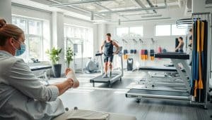 A sports therapy clinic set in a modern, airy space filled with natural light. In the foreground, a physiotherapist in a white coat carefully examines a patient's ankle, their movements precise and focused. In the middle ground, an athlete is undergoing rehabilitation on a treadmill, their face determined as they work towards recovery. The background showcases a range of state-of-the-art equipment and tools, from massage tables to resistance bands, all arranged in a clean, organized manner. The overall atmosphere exudes a sense of expertise, professionalism, and a commitment to helping patients regain their physical capabilities. Soft, directional lighting accentuates the clinical yet welcoming ambiance.