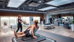 A sports therapy clinic with advanced equipment and techniques. In the foreground, a physiotherapist works with a patient on a state-of-the-art rehabilitation platform, utilizing cutting-edge motion tracking sensors and virtual reality software to guide precise, personalized exercises. In the middle ground, other patients undergo specialized treatments like cryotherapy, ultrasound, and electrical stimulation in private treatment rooms with soothing lighting. In the background, a sports science laboratory with advanced diagnostic equipment and a team of experts analyze data to develop tailored rehabilitation plans. The atmosphere is one of cutting-edge innovation, professionalism, and a patient-centric approach to sports injury prevention and recovery.