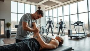 A state-of-the-art physiotherapy clinic, flooded with natural light from floor-to-ceiling windows. In the foreground, a physiotherapist expertly manipulates the limb of a patient, applying targeted deep tissue massage techniques. In the middle ground, high-tech rehabilitation equipment stands ready, including a robotic exoskeleton and a zero-gravity treadmill. The background showcases a sleek, minimalist design with clean lines, soothing earth tones, and discreet medical equipment. The atmosphere is one of professionalism, innovation, and a relentless focus on optimizing the recovery process.