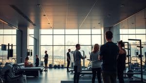 A state-of-the-art physiotherapy clinic nestled in the heart of Calgary, its sleek interior bathed in warm, natural lighting. In the foreground, a team of skilled therapists guiding patients through a range of cutting-edge treatment modalities, from hands-on manual therapy to cutting-edge rehabilitation equipment. The middle ground showcases a spacious, well-equipped gym, where clients engage in personalized exercise programs tailored to their unique needs. In the background, the iconic Rocky Mountains rise majestically, serving as a scenic backdrop to the clinic's holistic approach to wellness. The overall atmosphere conveys a sense of professionalism, expertise, and a deep commitment to helping patients achieve their health and fitness goals.