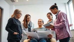 A team of healthcare professionals gathered around a patient, engaged in a thoughtful consultation. The scene is set in a modern, well-lit medical office, with clean lines and muted colors. The team, composed of a doctor, nurse, and physical therapist, leans in attentively, examining charts and discussing treatment options. The patient, framed in the center, appears relaxed and at ease, trusting their expert care. Soft, diffused lighting illuminates the scene, creating a serene and professional atmosphere. The camera angle is slightly elevated, capturing the collaborative nature of the interaction.