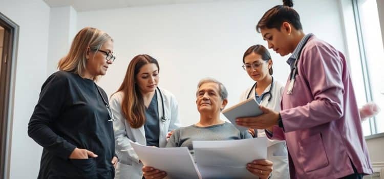A team of healthcare professionals gathered around a patient, engaged in a thoughtful consultation. The scene is set in a modern, well-lit medical office, with clean lines and muted colors. The team, composed of a doctor, nurse, and physical therapist, leans in attentively, examining charts and discussing treatment options. The patient, framed in the center, appears relaxed and at ease, trusting their expert care. Soft, diffused lighting illuminates the scene, creating a serene and professional atmosphere. The camera angle is slightly elevated, capturing the collaborative nature of the interaction.