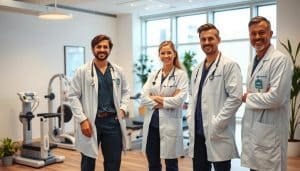 A team of professional physiotherapists standing together in a well-lit, modern healthcare facility. In the foreground, three physiotherapists wearing white coats and scrubs, smiling confidently and gesturing towards medical equipment. In the middle ground, a well-equipped examination room with state-of-the-art rehabilitation devices. The background showcases a clean, minimalist reception area with potted plants and warm, natural lighting filtering through large windows. The overall atmosphere conveys a sense of expertise, care, and dedication to sports recovery and rehabilitation.