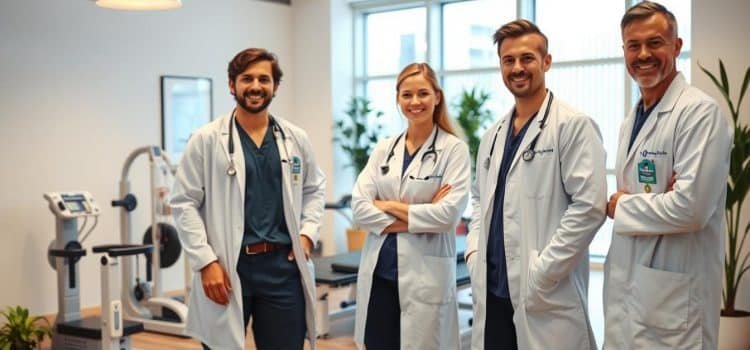 A team of professional physiotherapists standing together in a well-lit, modern healthcare facility. In the foreground, three physiotherapists wearing white coats and scrubs, smiling confidently and gesturing towards medical equipment. In the middle ground, a well-equipped examination room with state-of-the-art rehabilitation devices. The background showcases a clean, minimalist reception area with potted plants and warm, natural lighting filtering through large windows. The overall atmosphere conveys a sense of expertise, care, and dedication to sports recovery and rehabilitation.