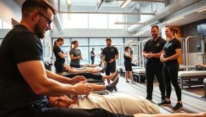 A team of skilled physiotherapists and athletic trainers working together in a modern, well-equipped sports rehabilitation clinic in Calgary. In the foreground, a physiotherapist guides a patient through a series of targeted exercises, using a combination of hands-on techniques and specialized equipment. In the middle ground, other patients are engaged in various stages of their recovery, with the physiotherapists closely monitoring their progress. The background features state-of-the-art rehabilitation facilities, including a spacious gym, hydrotherapy pools, and cutting-edge technology for diagnostics and treatment. The atmosphere is one of professionalism, expertise, and a commitment to helping athletes of all levels recover from their injuries and return to their chosen sports. Warm, natural lighting fills the space, creating a calming and therapeutic environment.
