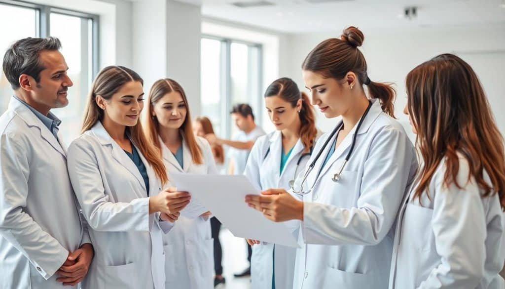 A team of skilled physiotherapists, dressed in crisp white coats, gathered in a modern, well-lit clinic. The foreground features three therapists, their faces exuding confidence and expertise, as they consult over a patient's medical chart. In the middle ground, two other therapists guide a patient through a series of targeted exercises, their movements fluid and purposeful. The background showcases the clinic's sleek, minimalist design, with large windows allowing natural light to flood the space, creating an atmosphere of professionalism and care. The scene conveys a sense of collaboration, empathy, and a deep commitment to personalized treatment for each patient.