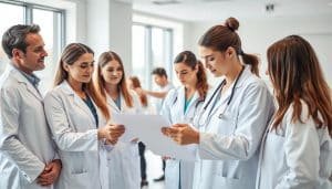 A team of skilled physiotherapists, dressed in crisp white coats, gathered in a modern, well-lit clinic. The foreground features three therapists, their faces exuding confidence and expertise, as they consult over a patient's medical chart. In the middle ground, two other therapists guide a patient through a series of targeted exercises, their movements fluid and purposeful. The background showcases the clinic's sleek, minimalist design, with large windows allowing natural light to flood the space, creating an atmosphere of professionalism and care. The scene conveys a sense of collaboration, empathy, and a deep commitment to personalized treatment for each patient.