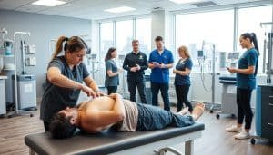A team of skilled physiotherapists in a modern, well-equipped clinic in Calgary. In the foreground, a patient undergoing manual therapy, with a physiotherapist providing hands-on treatment. In the middle ground, other physiotherapists consult with patients, demonstrating exercises and using various therapeutic devices. The background features bright, natural lighting, clean surfaces, and state-of-the-art medical equipment, conveying a professional, healing atmosphere. The scene exudes expertise, care, and a commitment to helping patients recover and perform at their best.