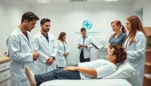 A team of skilled physiotherapists stands in a well-lit, modern clinic. In the foreground, three professionals in white coats and scrubs examine a patient on a treatment table, their expressions focused and attentive. In the middle ground, two other therapists discuss patient files, their body language conveying a sense of collaboration and expertise. The background features clean, minimalist decor, with subtle branding elements that suggest a reputable, established sports therapy practice. The overall atmosphere is one of professionalism, care, and a commitment to helping patients achieve their rehabilitation goals.