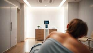 A tranquil medical office interior with a modern, minimalist aesthetic. In the foreground, a patient undergoing a targeted neuromodulation treatment, the electrodes gently placed on their body. In the middle ground, a TECAR therapy device stands ready, its sleek design complementing the space. The background features soothing, neutral-toned walls, creating a calming atmosphere. Soft, diffused lighting casts a gentle glow, accentuating the clinical yet serene environment. The overall scene conveys a sense of advanced, personalized pain management techniques in a professional, welcoming setting.