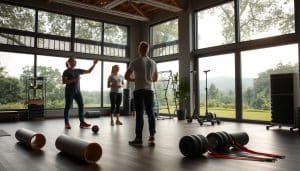 A tranquil sports rehabilitation clinic, illuminated by natural light filtering through large windows. In the foreground, a physiotherapist demonstrates injury prevention techniques, guiding a patient through a series of targeted exercises. The middle ground showcases a range of specialized equipment, from foam rollers to resistance bands, arranged neatly. In the background, a serene garden landscape can be seen, promoting a sense of calm and well-being. The scene conveys an atmosphere of expertise, care, and a holistic approach to sports recovery and injury prevention.
