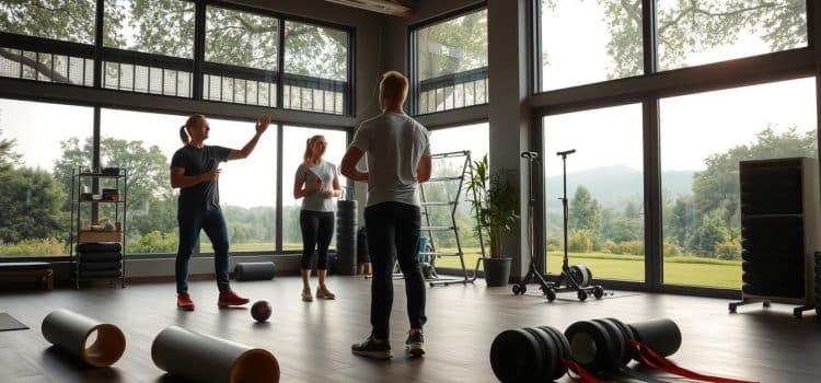 A tranquil sports rehabilitation clinic, illuminated by natural light filtering through large windows. In the foreground, a physiotherapist demonstrates injury prevention techniques, guiding a patient through a series of targeted exercises. The middle ground showcases a range of specialized equipment, from foam rollers to resistance bands, arranged neatly. In the background, a serene garden landscape can be seen, promoting a sense of calm and well-being. The scene conveys an atmosphere of expertise, care, and a holistic approach to sports recovery and injury prevention.