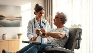 A tranquil, sunlit clinic interior, with a patient undergoing tailored neurological rehabilitation exercises on a sleek, modern rehabilitation device. The clinician, in a pristine white lab coat, guides the patient with a gentle, empathetic expression. In the background, soothing artwork and natural elements create a calming ambiance, conveying the personalized, holistic approach to neuro rehab. Soft, diffused lighting highlights the client's focused determination and the clinician's expertise. The scene radiates a sense of progress, recovery, and the specialized care that empowers patients to regain their independence.