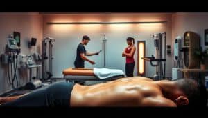 A vibrant and dynamic scene showcasing an array of specialized sports injury therapies. In the foreground, an athlete receives a targeted massage therapy, their muscles glistening under warm, soothing lighting. In the middle ground, a physiotherapist guides a patient through a series of carefully curated rehabilitation exercises, using state-of-the-art equipment to aid in their recovery. The background features a well-equipped treatment room, with various modalities such as heat therapy, cryotherapy, and electrical stimulation devices, all working together to create a comprehensive approach to sports injury management. The overall atmosphere conveys a sense of professionalism, expertise, and a commitment to holistic healing.