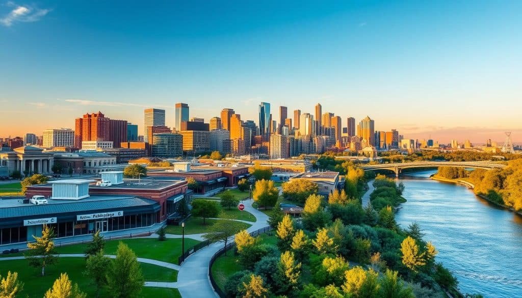 A vibrant cityscape of Calgary, showcasing a network of physiotherapy clinics dotting the urban landscape. The foreground features a diverse range of accessible facilities, each with a welcoming exterior and clear signage. The middle ground highlights scenic riverside views, with lush greenery and a winding pathway connecting the clinics. In the background, the iconic skyline of Calgary's downtown core stands tall, bathed in warm, golden lighting that creates a sense of tranquility and professionalism. The overall composition conveys a harmonious blend of convenience, accessibility, and the city's natural beauty, reflecting the comprehensive physiotherapy services available to the community.