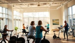 A vibrant community rehabilitation center, bathed in warm natural light streaming through expansive windows. In the foreground, a group of patients engaged in various therapeutic activities - some on exercise bikes, others practicing balance exercises with the guidance of attentive physical therapists. The middle ground showcases a modern, well-equipped gym space with state-of-the-art rehabilitation equipment, conveying a sense of dedication to patient recovery. In the background, a serene, calming environment with soothing artwork on the walls and ample spaces for rest and relaxation, fostering a holistic approach to neurological rehabilitation. The overall atmosphere exudes a spirit of hope, empowerment, and a commitment to personalized care.