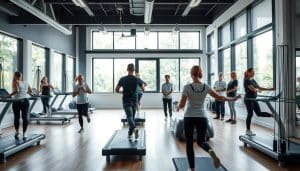 A vibrant rehabilitation center, flooded with natural light from large windows. In the foreground, patients engage in various physical therapy exercises, their movements fluid and purposeful. The middle ground showcases innovative equipment like antigravity treadmills and resistance bands, all meticulously arranged. In the background, a team of dedicated physiotherapists observes and guides the patients, their expressions focused yet encouraging. The atmosphere radiates a sense of progress and empowerment, as the clinic embodies the spirit of innovative and personalized rehabilitation programs.