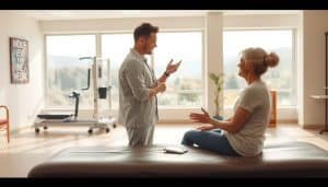 A warm and welcoming physiotherapy clinic with a bright, airy atmosphere. In the foreground, a patient sits on an examination table, attentively listening to a physiotherapist who gestures expressively, conveying empowering education and guidance. The middle ground features exercise equipment and motivational wall art, reflecting the supportive environment for recovery. The background showcases large windows overlooking a serene natural landscape, evoking a sense of tranquility and healing. Soft, diffused lighting illuminates the scene, creating a calming and reassuring ambiance. The overall composition conveys a harmonious blend of professional expertise and personalized care, inspiring confidence in the patient's journey towards wellness.