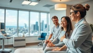 A warm, compassionate healthcare setting with a focus on patient-centered care. In the foreground, a smiling patient and physiotherapist engaged in a collaborative session, their body language conveying trust and understanding. The middle ground features modern, clean medical equipment and soothing decor, creating a calming, professional atmosphere. The background showcases a panoramic view of the Calgary skyline, representing the clinic's connection to the local community. Soft, natural lighting filters through large windows, evoking a sense of openness and healing. The overall scene conveys a commitment to personalized, empathetic treatment tailored to the unique needs of each patient.