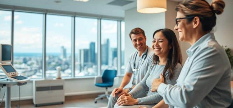 A warm, compassionate healthcare setting with a focus on patient-centered care. In the foreground, a smiling patient and physiotherapist engaged in a collaborative session, their body language conveying trust and understanding. The middle ground features modern, clean medical equipment and soothing decor, creating a calming, professional atmosphere. The background showcases a panoramic view of the Calgary skyline, representing the clinic's connection to the local community. Soft, natural lighting filters through large windows, evoking a sense of openness and healing. The overall scene conveys a commitment to personalized, empathetic treatment tailored to the unique needs of each patient.