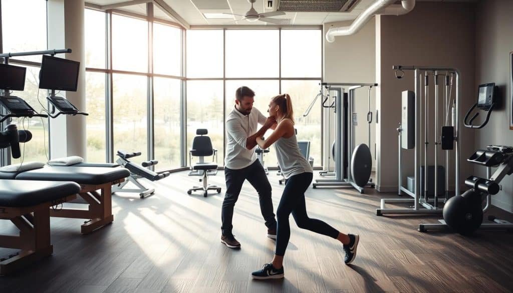 A well-equipped physiotherapy clinic in Calgary, with a patient undergoing sports injury rehabilitation. The foreground features a physical therapist guiding the patient through a targeted exercise routine, their movements captured in a sharp, dynamic pose. The middle ground showcases the clinic's state-of-the-art equipment, including massage tables, exercise machines, and monitoring devices. The background depicts a soothing, calming environment with large windows allowing natural light to flood the space, creating a sense of warmth and healing. The overall atmosphere conveys a professional, caring, and results-oriented approach to sports injury recovery.