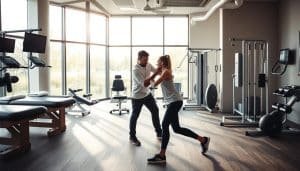 A well-equipped physiotherapy clinic in Calgary, with a patient undergoing sports injury rehabilitation. The foreground features a physical therapist guiding the patient through a targeted exercise routine, their movements captured in a sharp, dynamic pose. The middle ground showcases the clinic's state-of-the-art equipment, including massage tables, exercise machines, and monitoring devices. The background depicts a soothing, calming environment with large windows allowing natural light to flood the space, creating a sense of warmth and healing. The overall atmosphere conveys a professional, caring, and results-oriented approach to sports injury recovery.